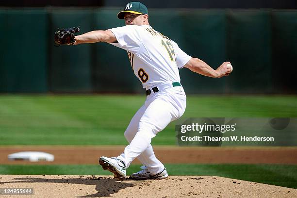 Rich Harden of the Oakland Athletics pitches against the Los Angeles Angels of Anaheim during an MLB baseball game at O.co Coliseum on September 14,...