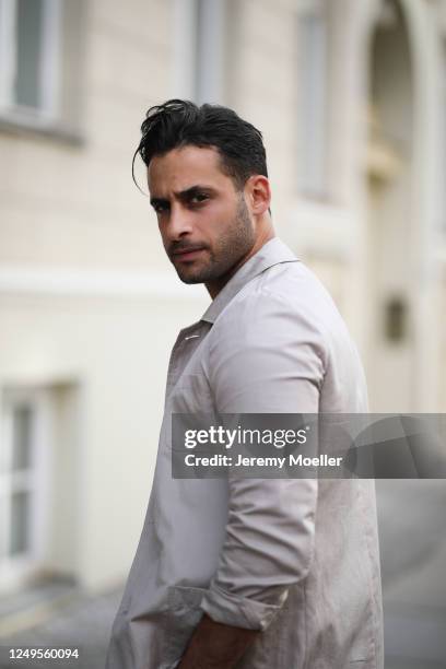 Karim Guenes wearing Wrangler jacket on June 10, 2020 in Berlin, Germany.