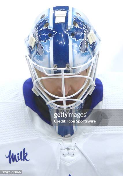 The artwork on the mask of Toronto Maple Leafs goalie Matt Murray is shown prior the NHL game between the Nashville Predators and Toronto Maple...