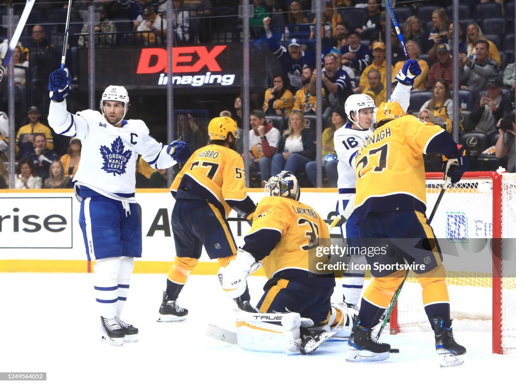 Toronto Predators Toronto Maple Leafs right wing Mitchell Marner celebrates a third ...