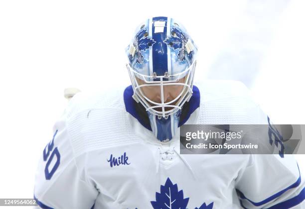The artwork on the mask of Toronto Maple Leafs goalie Matt Murray is shown prior the NHL game between the Nashville Predators and Toronto Maple...