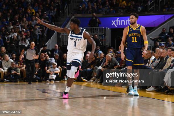 Anthony Edwards of the Minnesota Timberwolves runs up the court during the game against the Golden State Warriors on March 26, 2023 at Chase Center...