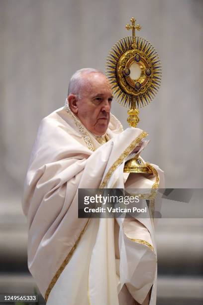Pope Francis celebrates Mass on the Solemnity of the Most Holy Body and Blood of Christ at St. Peter's Basilica on June 14, 2020 in Vatican City,...