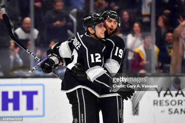 Alex Iafallo of the Los Angeles Kings celebrates his goal with Trevor Moore during the first period against St. Louis Blues at Crypto.com Arena on...