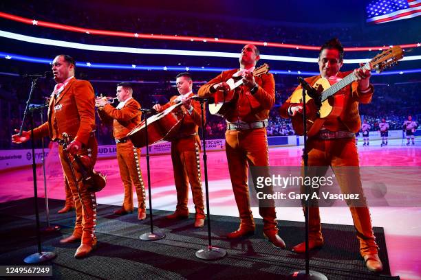 Mariachi Bel Toro performs during the National Anthem prior to the game between the St. Louis Blues and the Los Angeles Kings at Crypto.com Arena on...