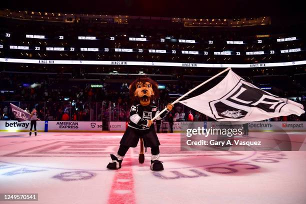 Los Angeles Kings Mascot Bailey celebrate their victory against the St. Louis Blues at Crypto.com Arena on March 26, 2023 in Los Angeles, California.