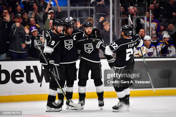 Drew Doughty of the Los Angeles Kings celebrates his goal during the third period against the St. Louis Blues at Crypto.com Arena on March 26, 2023...