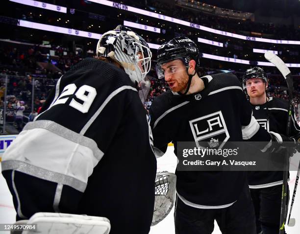 Pheonix Copley of the Los Angeles Kings and Gabriel Vilardi of the Los Angeles Kings celebrate their victory against the St. Louis Blues at...
