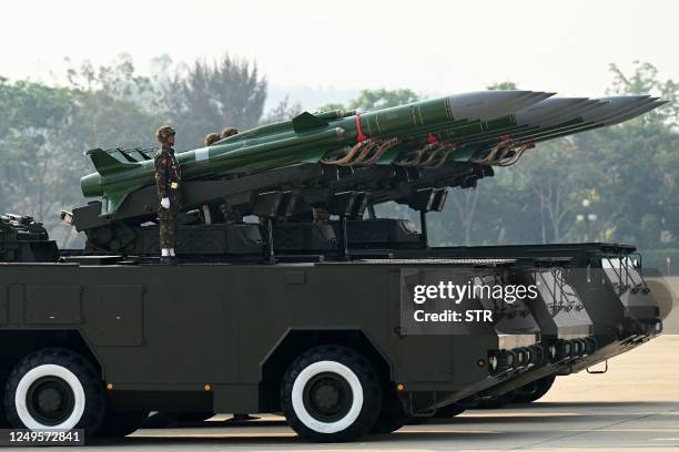 Military hardware is displayed during a parade to celebrate Myanmar's 78th Armed Forces Day in Naypyidaw on March 27, 2023.