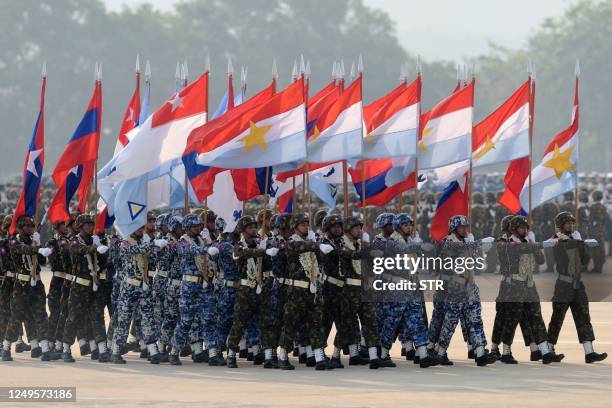 Members of the Myanmar military take part in a parade to mark the country's 78th Armed Forces Day in Naypyidaw on March 27, 2023.