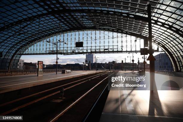Empty platforms at Berlin central station during a strike by public service workers in Berlin, Germany, on Monday, March 27, 2023. Germanys air and...
