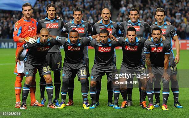 The Napoli team pose for photographers before the UEFA Champions league group A football match between Manchester City and Napoli at the Etihad...