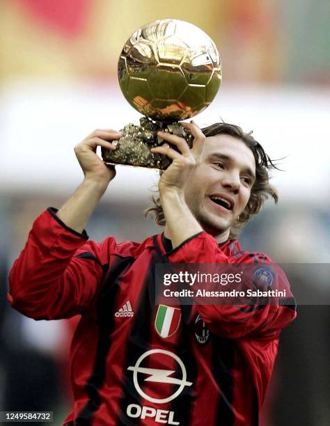 Andriy Shevchenko of AC Milan celebrates in Milan after winning the golden ball during the Serie A on Stadio Giuseppe Meazza in Milan 2004, Italy. ,...