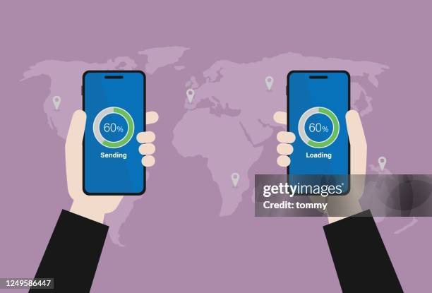 hands hold a mobile phone to upload and download - international relocation stock illustrations