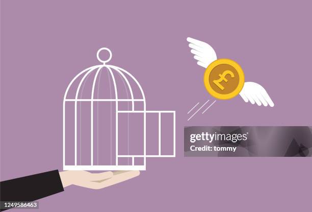 businessman release a uk pound coin from a cage - cage stock illustrations