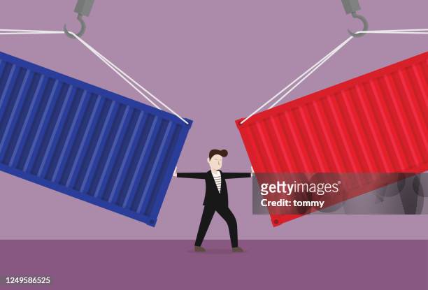 businessman stop a crash between a cargo container - tax penalty stock illustrations