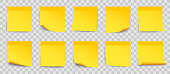 Set yellow sticky papers on transparent background, collection stick note in yellow color isolated, notes with shadow - for stock