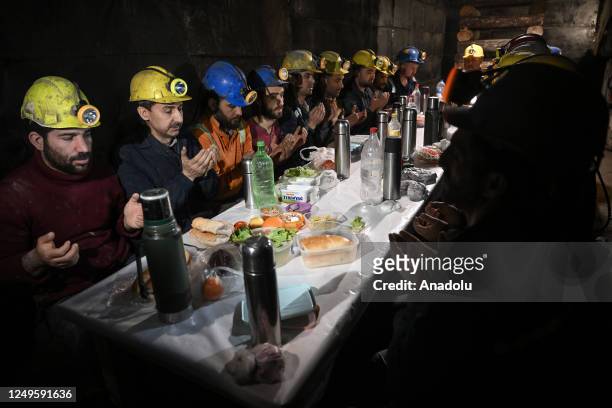 Miners pray before iftar time at mine site, one of Turkiye's major lignite coal production centers, during the holy month of Ramadan in Soma district...