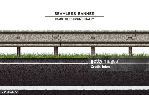 tileable road with grass and guard rail vector banner on white background - crash barrier stock illustrations