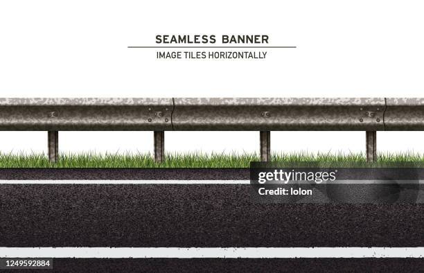 stockillustraties, clipart, cartoons en iconen met tegelbare weg met gras en de vectorbanner van het wachtspoor op witte achtergrond - veiligheidshek