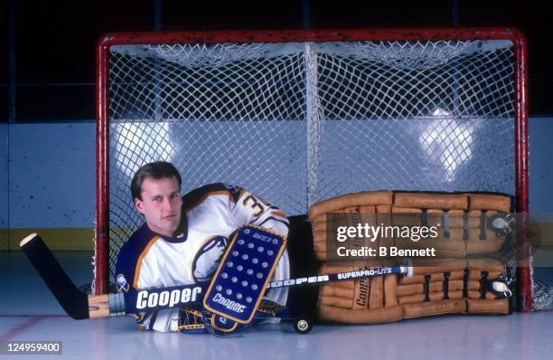 Goalie Tom Barrasso of the Buffalo Sabres poses for a portrait in October, 1984 at the Buffalo Memorial Auditorium in Buffalo, New York.