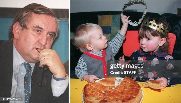 Montage de deux photos datées de 1997 de l'ancien ministre, Jean-Pierre Raffarin, et d'un petit garçon, couronnant sa reine lors de la cérémonie de...