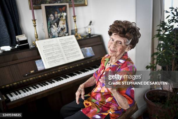 French pianist Colette Maze, born in June 1914, poses during a photo session in Paris on March 24, 2023.