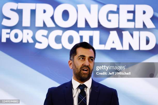 Scotland's Health Minister and SNP MSP, Humza Yousaf speaks after being elected as new SNP party leader, at Murrayfield on March 27, 2023 in...