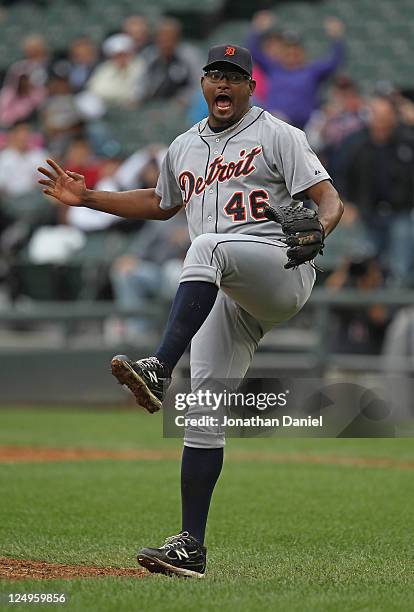 Jose Valverde of the Detroit Tigers celebrates a win over the Chicago White Sox at U.S. Cellular Field on September 14, 2011 in Chicago, Illinois....