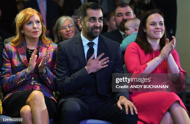 Scottish National Party leadership candidates Ash Regan and Kate Forbes applaud as Humza Yousaf reacts as he hears he has won the the SNP Leadership...