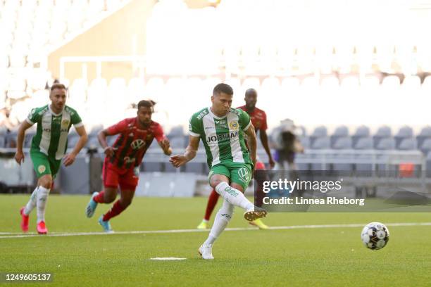 Paulinho of Hammarby misses a penalty during the Allsvenskan match between Hammarby IF and Ostersunds FK at Tele2 Arena on June 14, 2020 in...