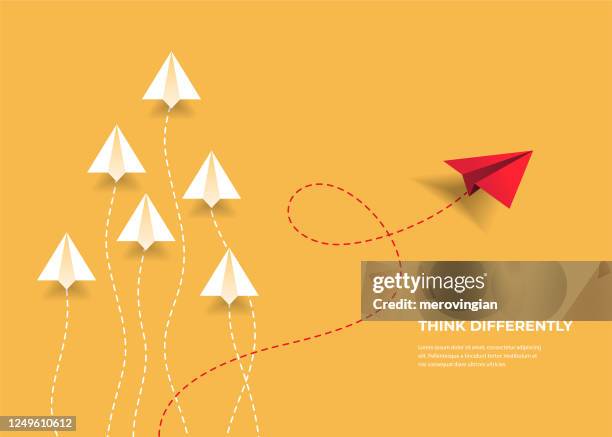 flying paper airplanes. think differently, leadership, trends, creative solution and unique way concept. be different. - strategic initiative stock illustrations