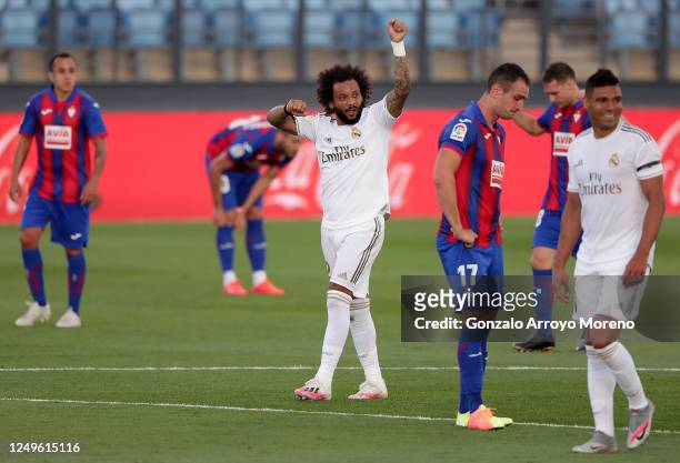 Marcelo of Real Madrid celebrates after scoring his teams third goal during the Liga match between Real Madrid CF and SD Eibar SAD at Estadio Alfredo...