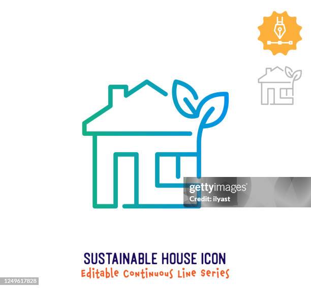 ilustraciones, imágenes clip art, dibujos animados e iconos de stock de icono editable de línea continua de la casa sostenible - con eficaz consumo de energía