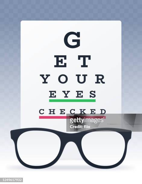 holen sie sich ihre augen überprüft eye chart und brillen vision test - optometrista stock-grafiken, -clipart, -cartoons und -symbole