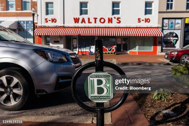 Bicycle rack in front of Walton's 5&10 store, part of the Walmart Museum, in Bentonville, Arkansas, US, on Monday, Nov. 21, 2022. In the spring of...