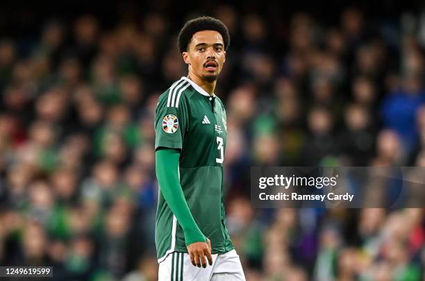 Belfast , United Kingdom - 26 March 2023; Jamal Lewis of Northern Ireland during the UEFA EURO 2024 Championship Qualifier match between Northern...