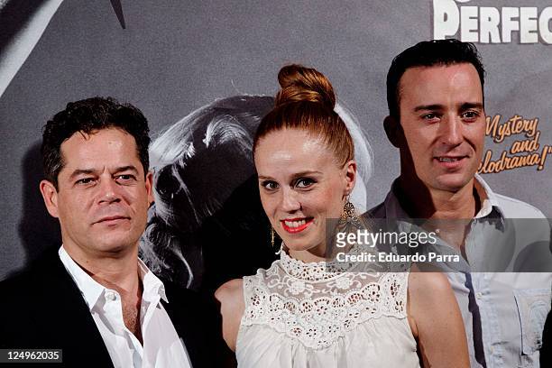 Jorge Sanz, Maria Castro and Pablo Puyol attends Cimen Perfecto premiere photocall at Reina Victoria theatre on September 14, 2011 in Madrid, Spain.