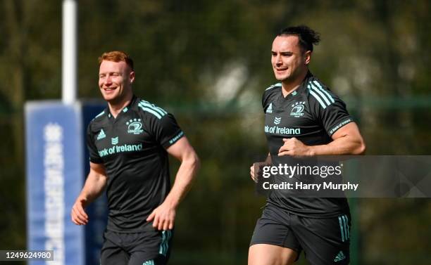 Dublin , Ireland - 27 March 2023; James Lowe, right, and Ciarán Frawley during a Leinster Rugby squad training session at UCD in Dublin.