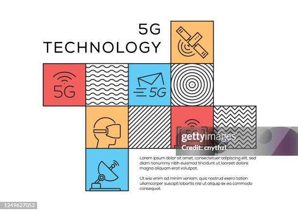 5g technology related memphis style design with line icons. simple symbol icons. - smart city stock illustrations