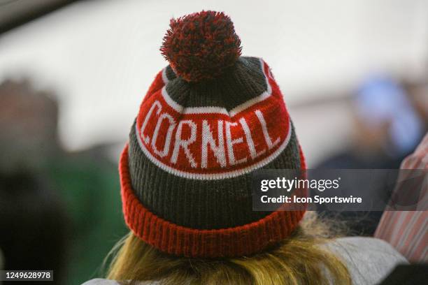 Detail view of a Cornell beanie worn by a fan during the NCAA Division I Men's Ice Hockey Northeast Regional final between the Cornell Big Red and...