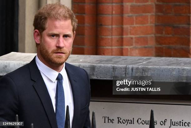 Britain's Prince Harry, Duke of Sussex leaves from the Royal Courts of Justice, Britain's High Court, in central London on March 27, 2023. - Prince...