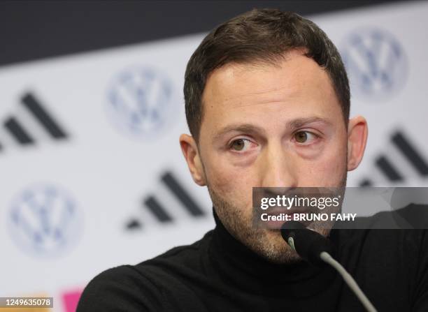 Belgium's head coach Domenico Tedesco pictured during a press conference of Belgian national soccer team Red Devils, in Koln, germany, Monday 27...