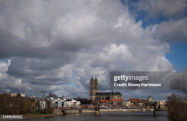 General overview shows the river Elbe and the landmark Cathedral of Saints Catherine and Maurice on March 27, 2023 in Magdeburg, Germany. The new...