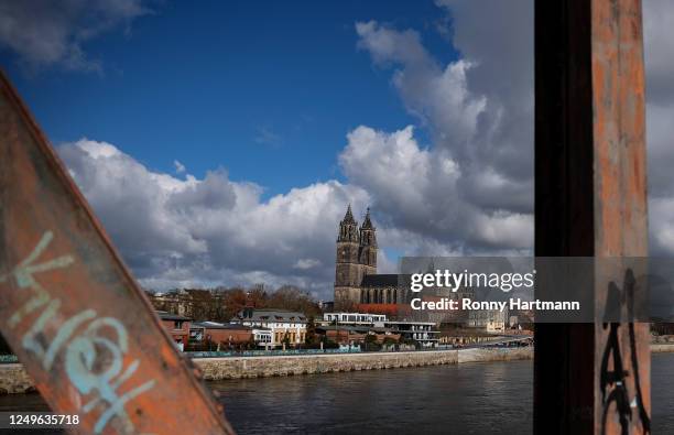 General overview shows the river Elbe and the landmark Cathedral of Saints Catherine and Maurice on March 27, 2023 in Magdeburg, Germany. The new...