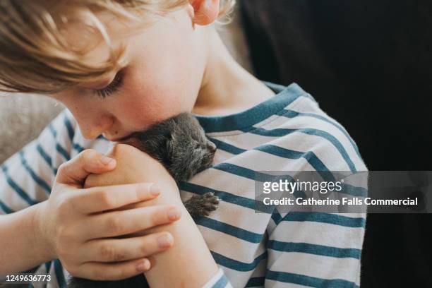 boy holding a tiny newborn kitten - affettuoso foto e immagini stock