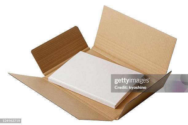 isolated shot of cardboard with blank book on white background - white book stock pictures, royalty-free photos & images