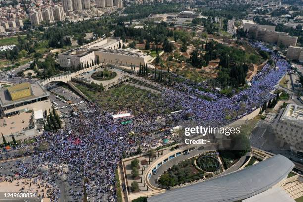 This aerial view shows protesters gathering outside Israel's parliament in Jerusalem amid ongoing demonstrations and calls for a general strike...