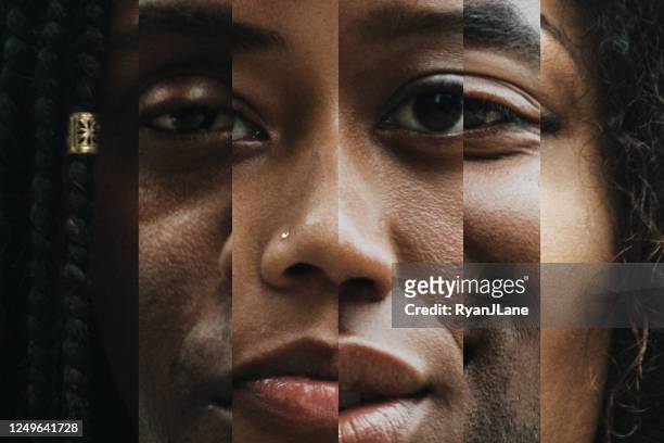composite von portraits mit unterschiedlichen hautschattierungen - ethnische zugehörigkeit stock-fotos und bilder