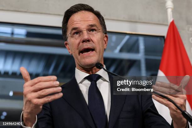 Mark Rutte, Netherlands prime minister, during a news conference in Rotterdam, Netherlands, on Monday, March 27, 2023. Top officials from Germany's...